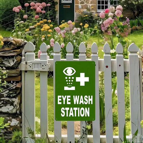 8x12 Inch Eye Wash Station Sign on a Fence, Green Background, White Graphic, Industrial Workplace Safety Marker, Weatherproof Aluminum