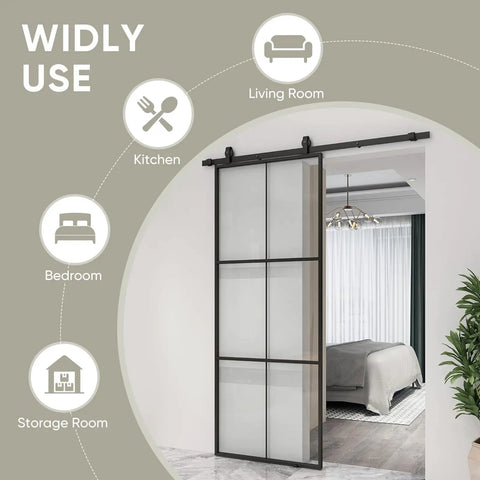 Heavy Duty Three Panel Sliding Barn Door With Crisp Tempered Glass And Dark Aluminum Frame Modern French Look in a living space.