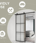 36 Inch By 84 Inch Glass Sliding Barn Door With Black Aluminum Frame And Clear Tempered Glass, 3 Panel Modern French Style installed