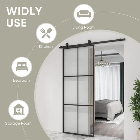 36 Inch By 84 Inch Glass Sliding Barn Door With Black Aluminum Frame And Clear Tempered Glass, 3 Panel Modern French Style installed