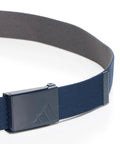 Reversible 1.5 Inch Golf Belt In Navy And Grey, 48 Inch Length, Cut To Size, Recycled Polyester With Metal Buckle And Raised Logo.