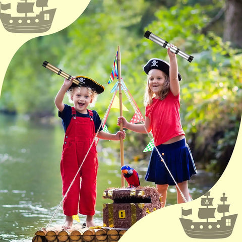 Two Piece Pirate Telescope Spyglass Toy Set For Kids Kid Friendly Vintage Mini Pirate Binoculars In Silver And Gold Perfect For Party Favors Halloween Decor Imaginative Play And Gift Bags, kids in pirate costumes with silver and gold props