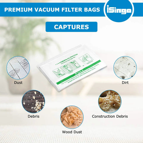 Vacuum filter bags capturing dust, dirt, debris, construction debris, and wood dust for Kirby vacuums, including 15 Plus 5 Pack Vacuum Bags And Belts For Kirby Vacs Universal Cloth Bags Fit Sentria All Generations F Style And Twist Style Compatible With Diamond Limited Edition G Series G3 To G12 And Avalir G1