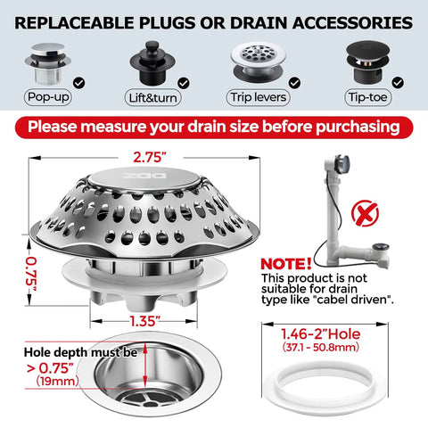 Press Down Bathtub Drain Stopper And Hair Catcher Pop Up Plug With 3 In 1 Rock Solid Build for 2.75" diameter, 304 steel mesh filter.