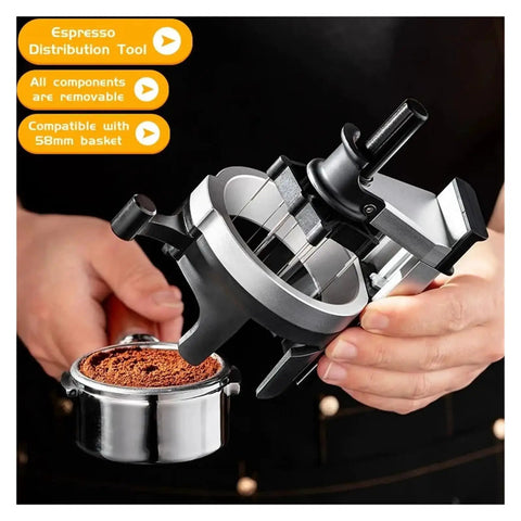 58mm Espresso WDT Distribution Tool with sleek needles, adjustable depth, and removable components in use with ground coffee.