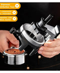 Rock Solid 58mm Wdt Coffee Distribution Tool With Twelve Precision Needles For Even Espresso Pulls Adjustable Depth barista gear in use over coffee grounds.