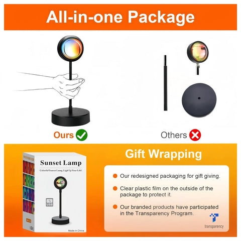 All-in-one package of Sunset Lamp Projector With RGB LED Lights, 360 Rotating Mood Light For Bedroom, App And Remote Control