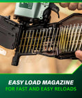 Close-up of Pro Grade Coil Siding Nailer for Sheathing Decking and Fencing with easy load magazine feature shown.
