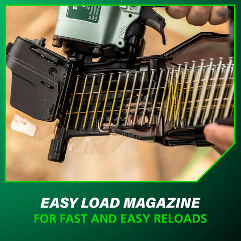 Close-up of Pro Grade Coil Siding Nailer for Sheathing Decking and Fencing with easy load magazine feature shown.
