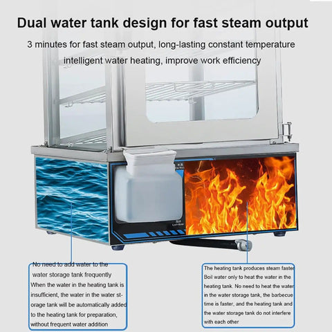 Transparent display of dual water tank design in Six Layer Commercial Electric Steamer 2200W With Anti Dry Burning Tech