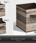 Foldable Storage Cube Baskets 4 Pack In Rustic Brown Wood Grain Finish shown unfolded with dimensions 10.5” x 10.5” x 11”