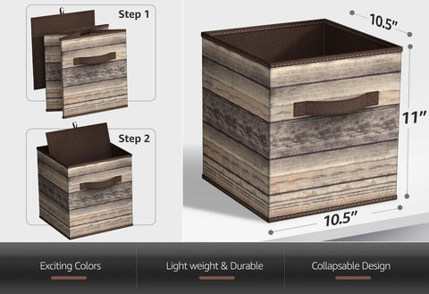 Foldable Storage Cube Baskets 4 Pack In Rustic Brown Wood Grain Finish shown unfolded with dimensions 10.5” x 10.5” x 11”
