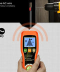 Minhe 7-in-1 Wall Detector with Smart Sensor showing live AC wire detection on LCD display, handheld design for easy use.