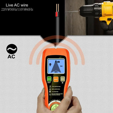 Minhe 7-in-1 Wall Detector with Smart Sensor showing live AC wire detection on LCD display, handheld design for easy use.