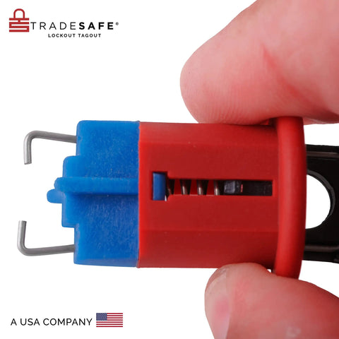 Close-up of Pro Grade 3 Pack Pin In Circuit Breaker Lockout Device with half inch breaker hole and industrial-grade body