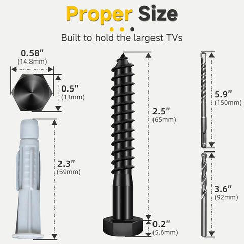 TV Wall Mount Hardware Kit With Lag Bolts And Drill Bits For Concrete Wood Brick And Drywall Includes M8x65 Screws 10x59