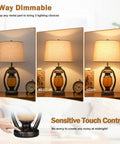 Set of 2 Rustic Farmhouse Table Lamps for Living Room and Bedroom showing 3-way dimmable touch control settings.