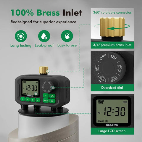 Four Zone Outdoor Sprinkler Timer With Brass Inlet And Large Dial showing 360° brass connector, oversized dial, and LCD screen