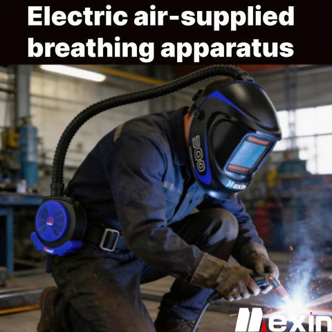 Welder using Powered Air Purifying Welding Helmet With Rechargeable Respirator System True Color Vision 4 Arc Sensors in workshop