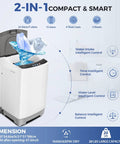 Compact Portable Washing Machine 20 Lbs Turbo Wash System displayed with water splash, showing intelligent controls and large capacity.