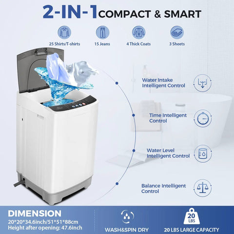 Compact Portable Washing Machine 20 Lbs Turbo Wash System displayed with water splash, showing intelligent controls and large capacity.