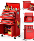 Heavy Duty 2 In 1 Detachable Tool Chest On Wheels With 10 Drawers Lockable Top Box And Bottom Cart A High Capacity Mechanic Organizer For Workshop Garage Adjustable Shelf Red Finish, open with tools and supplies.
