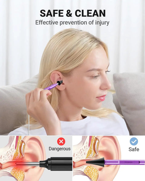 Video Ear Scope Camera For iPhone And Android Dope Ear Wax Removal Tool With Visual Ear Canal Inspection Share High Resolution Photos And Videos With Integrated LED Lighting For Clear Close Ups Real Time On Your Phone And Easy Sharing. Woman using purple ear scope, safe ear cleaning demo