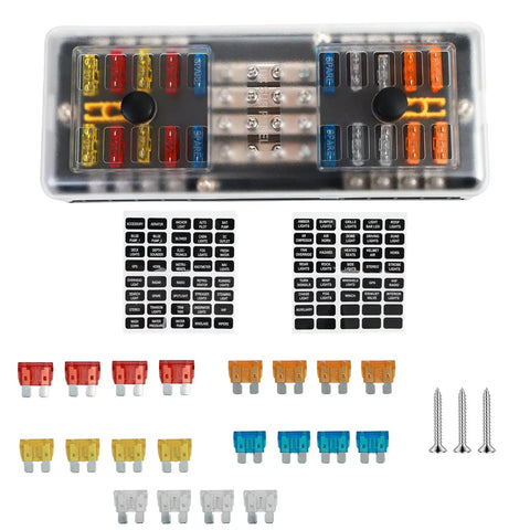 20 Way Blade Fuse Block 16 Circuit Fuse Holder DC Sub Panel With Ground And Cover For SUV Boat Yacht RV Car Marine Truck Trike Vehicle Plug In Ready