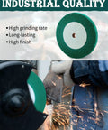 Heavy Duty 8 Inch Bench Grinding Wheels With 240 Grit Non Woven Tight Weave Buffing Pads Rock Solid For Knocking Out Golf Club Scratches And Prepping Steel Metals Fast, showing green buffing pad in use.