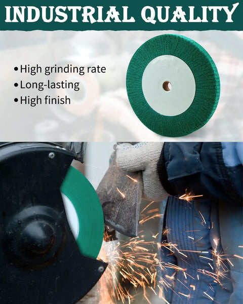 Heavy Duty 8 Inch Bench Grinding Wheels With 240 Grit Non Woven Tight Weave Buffing Pads Rock Solid For Knocking Out Golf Club Scratches And Prepping Steel Metals Fast, showing green buffing pad in use.
