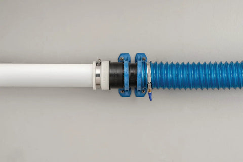 Dust Right Schedule 40 PVC Adapter For 2 Inch PVC To Two And A Half Inch Shop Vac Hose Fittings in use with blue hose