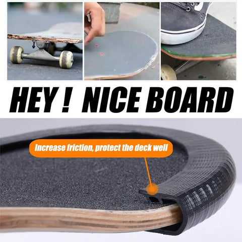 Durable Rubber Deck Protector For Skateboards And Longboards shown enhancing grip and protection on a skateboard edge, close-up.