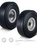 Flat Free Solid PU Run Flat Tire Wheels Set For Hand Trucks And Garden Carts 10x3.50-4 Inch Replacement 2 Pack with accessories
