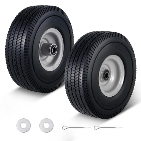 Flat Free Solid PU Run Flat Tire Wheels Set For Hand Trucks And Garden Carts 10x3.50-4 Inch Replacement 2 Pack with accessories