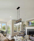 4 Light Farmhouse Kitchen Island Pendant Light With Black Metal And Wood Finish, 36 Inch Linear Hanging Chandelier in living room