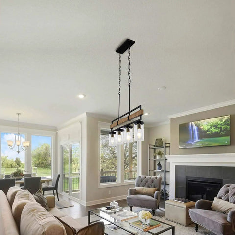 4 Light Farmhouse Kitchen Island Pendant Light With Black Metal And Wood Finish, 36 Inch Linear Hanging Chandelier in living room