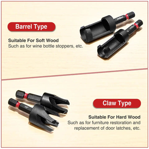 Pro Grade Countersink Drill Bit Set 19 Piece With Seven Tapered Bits Four Wood Plug Cutters Magnetic Extension Shaft, showing barrel and claw types for soft and hard wood.