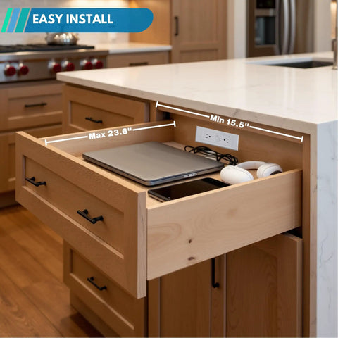 Kitchen drawer with a Drawer Outlet Kit With Two AC Outlets, Recessed Power Strip For Desk Vanity Nightstand, wood finish.