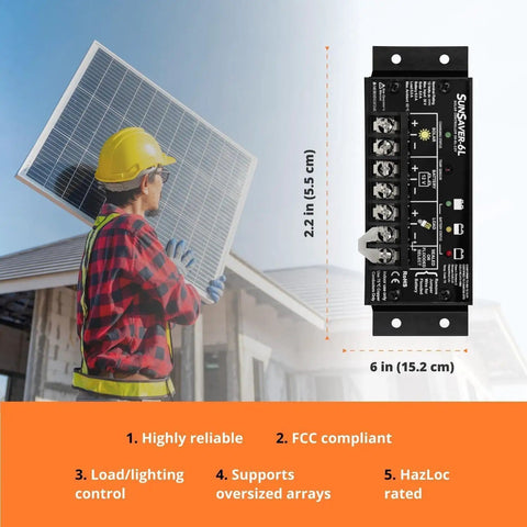 Worker with solar panel beside 20A PWM Solar Charge Controller For 24V Systems, Four-Stage Battery Charging, Low Noise, LVD Protected