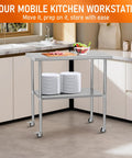 Stainless Steel Utility Work Table On Wheels 24 By 36 Heavy Duty Kitchen Cart With Adjustable Undershelf in a kitchen setting.