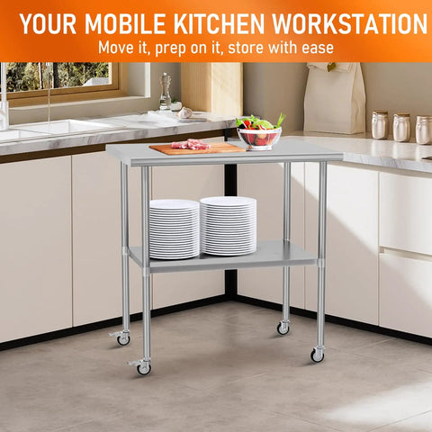 Stainless Steel Utility Work Table On Wheels 24 By 36 Heavy Duty Kitchen Cart With Adjustable Undershelf in a kitchen setting.