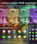 Smart Ceiling Light Fixture Black LED Flush Mount Round Light With Alexa And Google Home Voice Control Fifteen Point Eight Inch Ceiling Mount 28W Front White Plus 4W RGB Backlight Dimmable Color Changing Timer Schedule No Fuss Setup Bedroom Ambience showing 16 million RGB color options and mobile app interface.