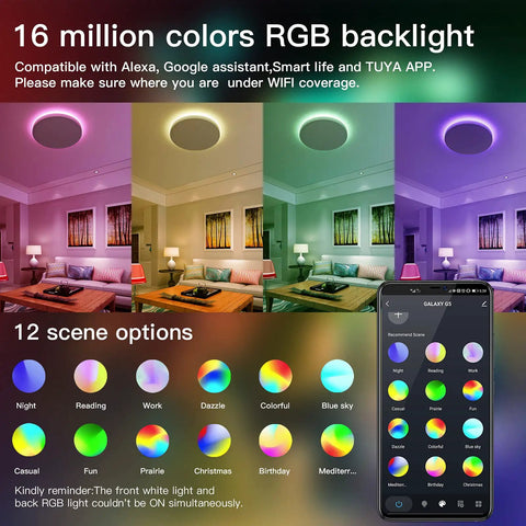 Smart Ceiling Light Fixture Black LED Flush Mount Round Light With Alexa And Google Home Voice Control Fifteen Point Eight Inch Ceiling Mount 28W Front White Plus 4W RGB Backlight Dimmable Color Changing Timer Schedule No Fuss Setup Bedroom Ambience showing 16 million RGB color options and mobile app interface.