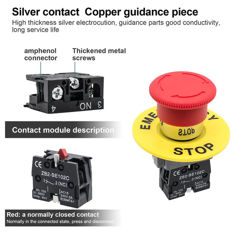Red Mushroom Head Emergency Stop Push Button Switch 1 Pack Heavy Duty Metal Body With High Conductivity Built To Last Stop Button for Machinery Safety and Control Corrosion Resistant, red stop switch with NC contact module