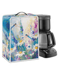 Slick Dragonfly Daisy Print Kitchen Appliance Cover With Heavy Duty Carry Handle totally dust proof and waterproof polyester shield over a coffee maker.