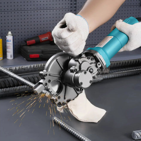 User operating VEVOR Electric Rebar Cutter 1100W cutting steel rebar with sparks in construction setting.