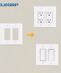 Two Gang Decorative Wall Plates For Decorator Receptacles And Switches Mid Size Thermoplastic Faceplate Covers Tough As Nails Unbreakable Polycarbonate Glossy White Finish UL Listed 5 Pack displaying socket and switch installation.