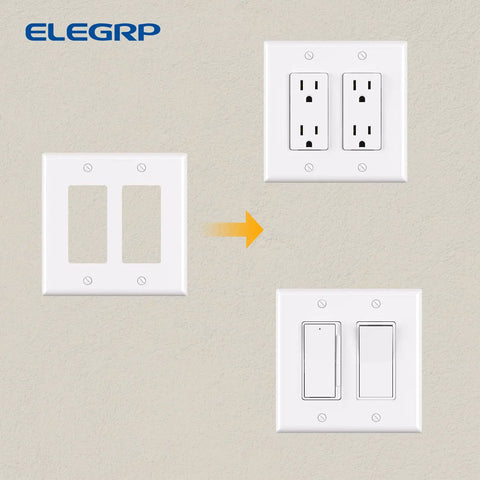 Two Gang Decorative Wall Plates For Decorator Receptacles And Switches Mid Size Thermoplastic Faceplate Covers Tough As Nails Unbreakable Polycarbonate Glossy White Finish UL Listed 5 Pack displaying socket and switch installation.