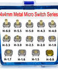 Image of Metal Micro Momentary Tactile Push Button Switch Kit with 240 pieces SMT 4x4mm buttons, 14 heights in display box