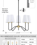 Dimensions and specifications of 5 Light Gold Linear Chandelier With Brushed Bronze Black Finish And White Linen Shades For Kitchen Island Foyer.